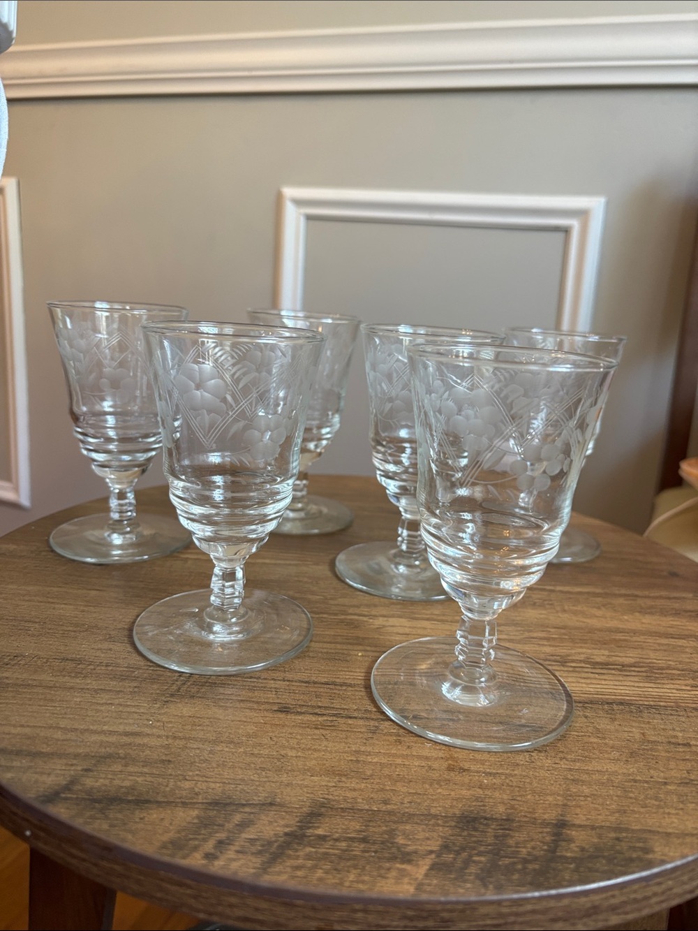 Vintage Libbey Rock Sharpe Classic Etched Glass Stemmed Juice Glasses- Clear 6